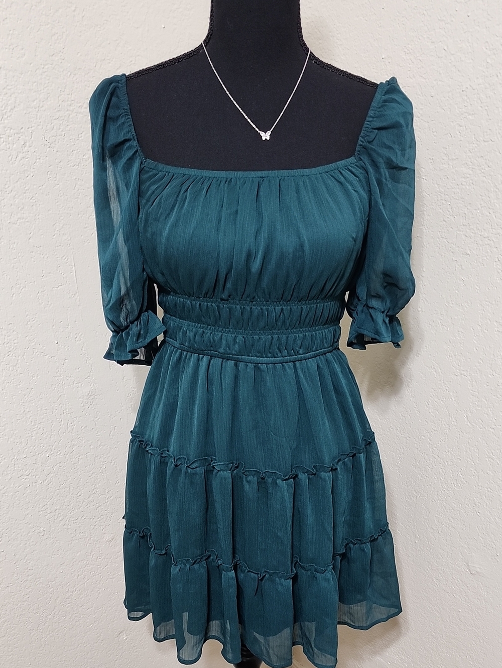 Trixxi Teal Smocked Puff Sleeve Tiered Mini Dress Sz S Coquette Western Teal
